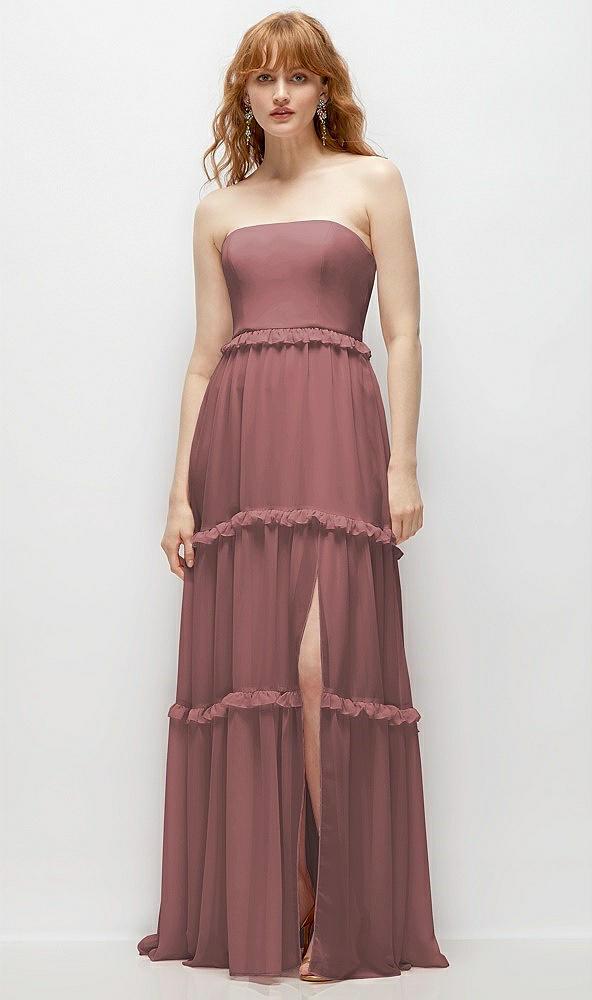 strapless chiffon maxi dress with tiered micro ruffle full skirt