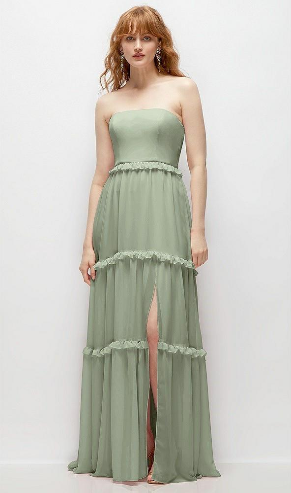 strapless chiffon maxi dress with tiered micro ruffle full skirt