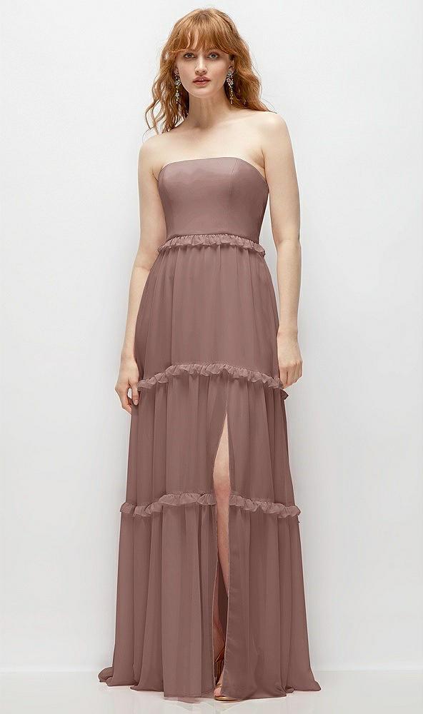 strapless chiffon maxi dress with tiered micro ruffle full skirt