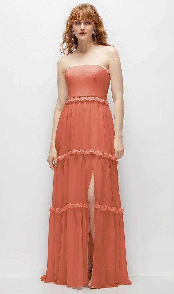 strapless chiffon maxi dress with tiered micro ruffle full skirt