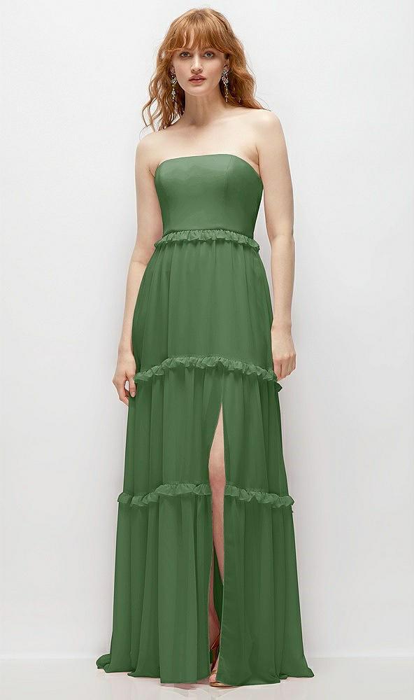 strapless chiffon maxi dress with tiered micro ruffle full skirt