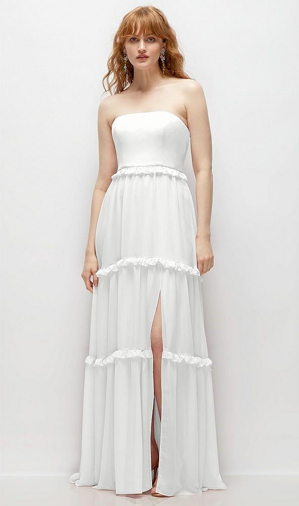 strapless chiffon maxi dress with tiered micro ruffle full skirt