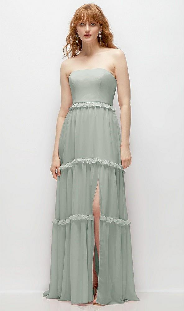 strapless chiffon maxi dress with tiered micro ruffle full skirt