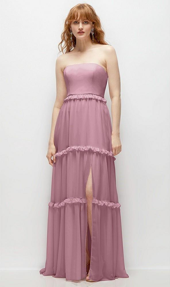 strapless chiffon maxi dress with tiered micro ruffle full skirt