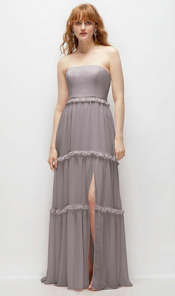 strapless chiffon maxi dress with tiered micro ruffle full skirt