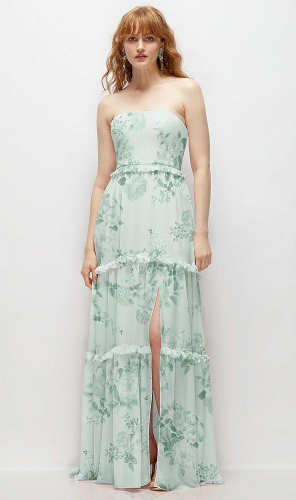 strapless chiffon maxi dress with tiered micro ruffle full skirt