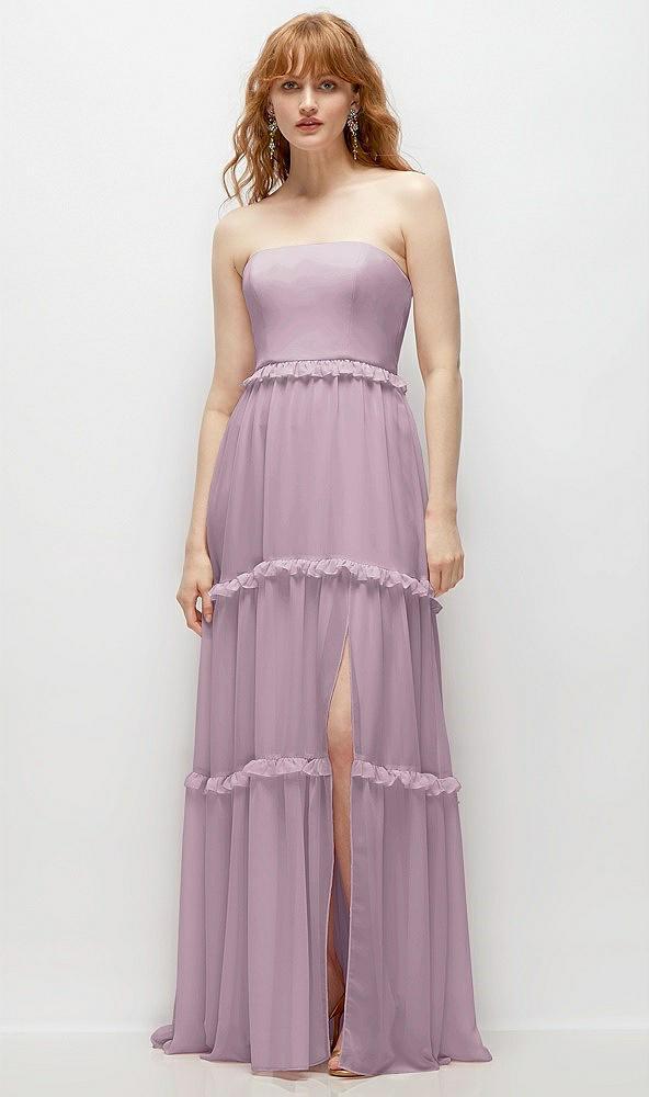 strapless chiffon maxi dress with tiered micro ruffle full skirt