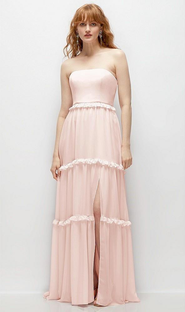 strapless chiffon maxi dress with tiered micro ruffle full skirt
