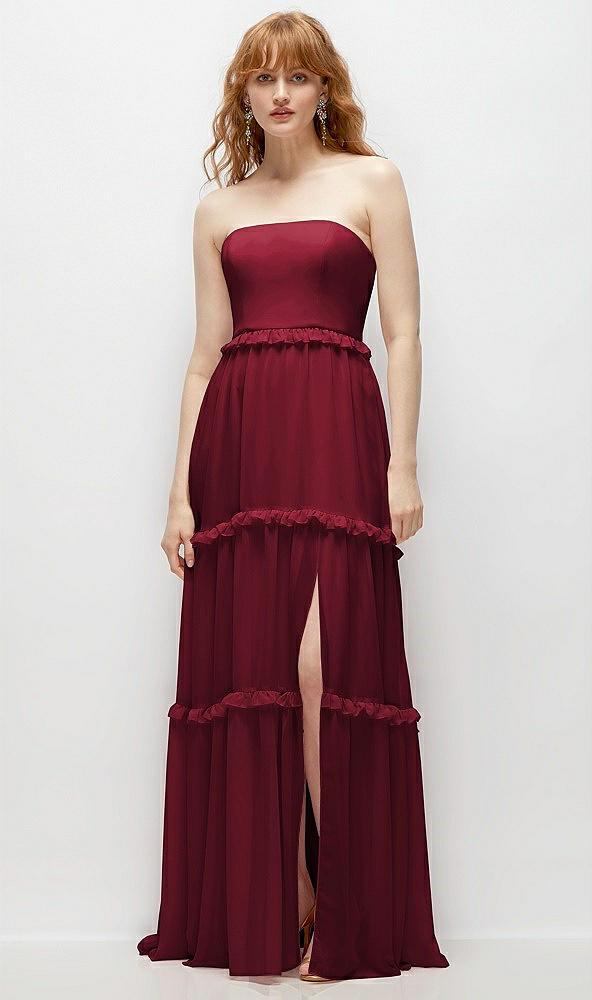 strapless chiffon maxi dress with tiered micro ruffle full skirt