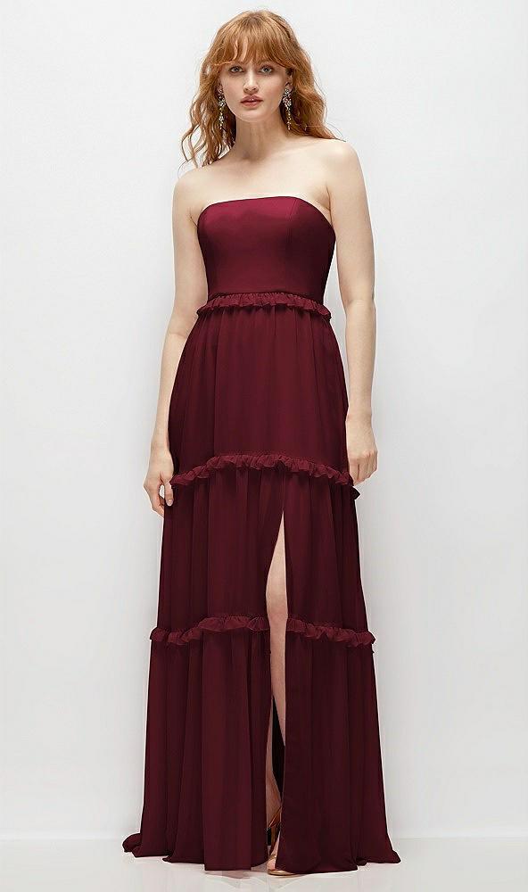 strapless chiffon maxi dress with tiered micro ruffle full skirt