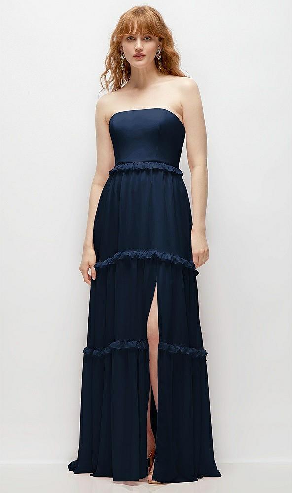 strapless chiffon maxi dress with tiered micro ruffle full skirt