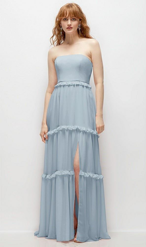 strapless chiffon maxi dress with tiered micro ruffle full skirt