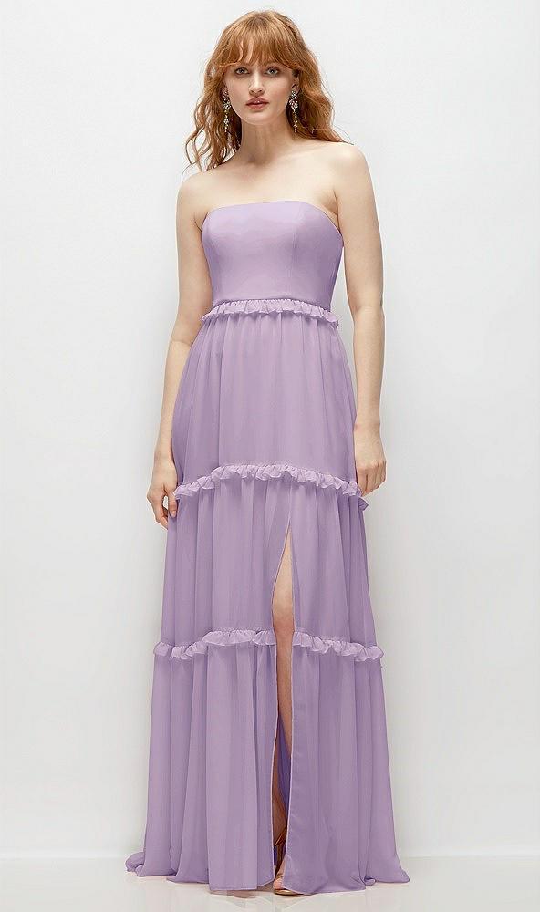 strapless chiffon maxi dress with tiered micro ruffle full skirt