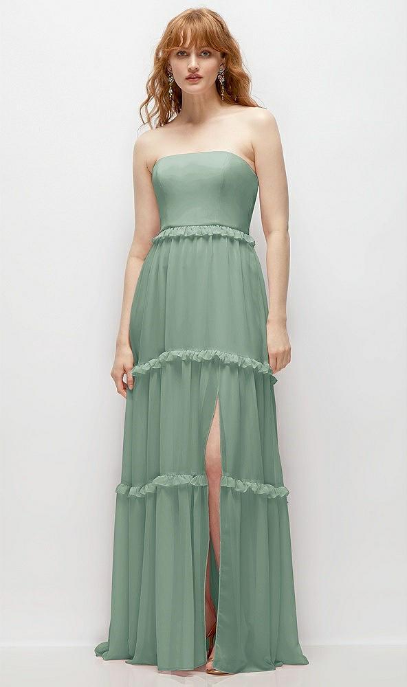 strapless chiffon maxi dress with tiered micro ruffle full skirt