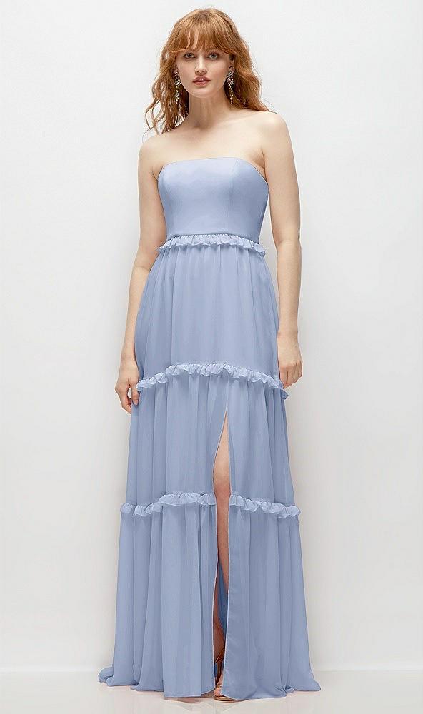 strapless chiffon maxi dress with tiered micro ruffle full skirt