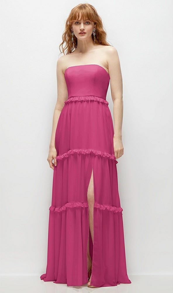 strapless chiffon maxi dress with tiered micro ruffle full skirt