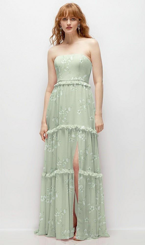 strapless chiffon maxi dress with tiered micro ruffle full skirt
