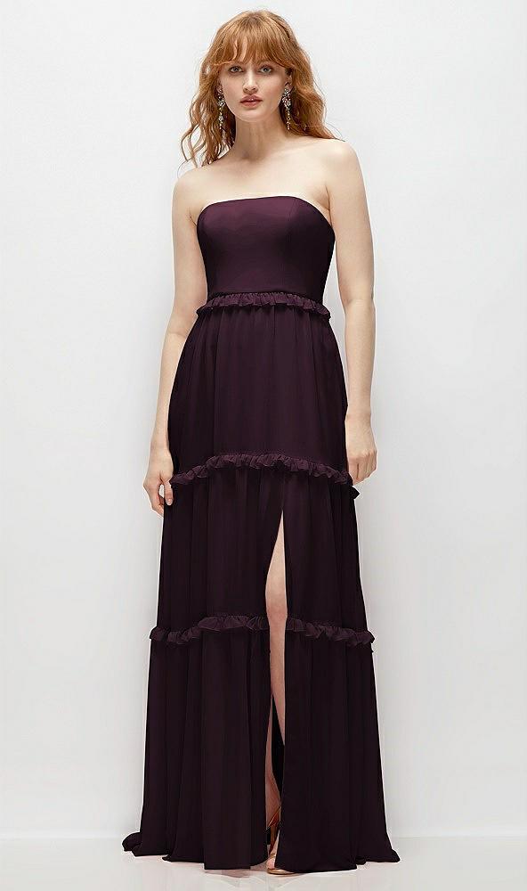 strapless chiffon maxi dress with tiered micro ruffle full skirt