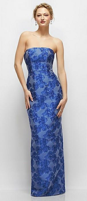 strapless cobalt floral metallic jacquard column dress with back slit