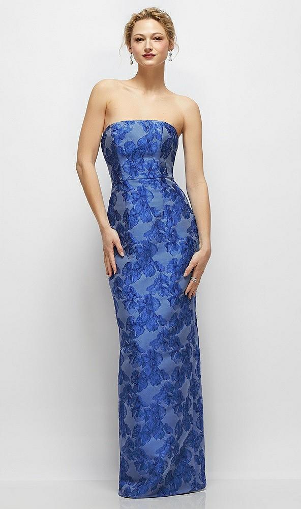 strapless cobalt floral metallic jacquard column dress with back slit