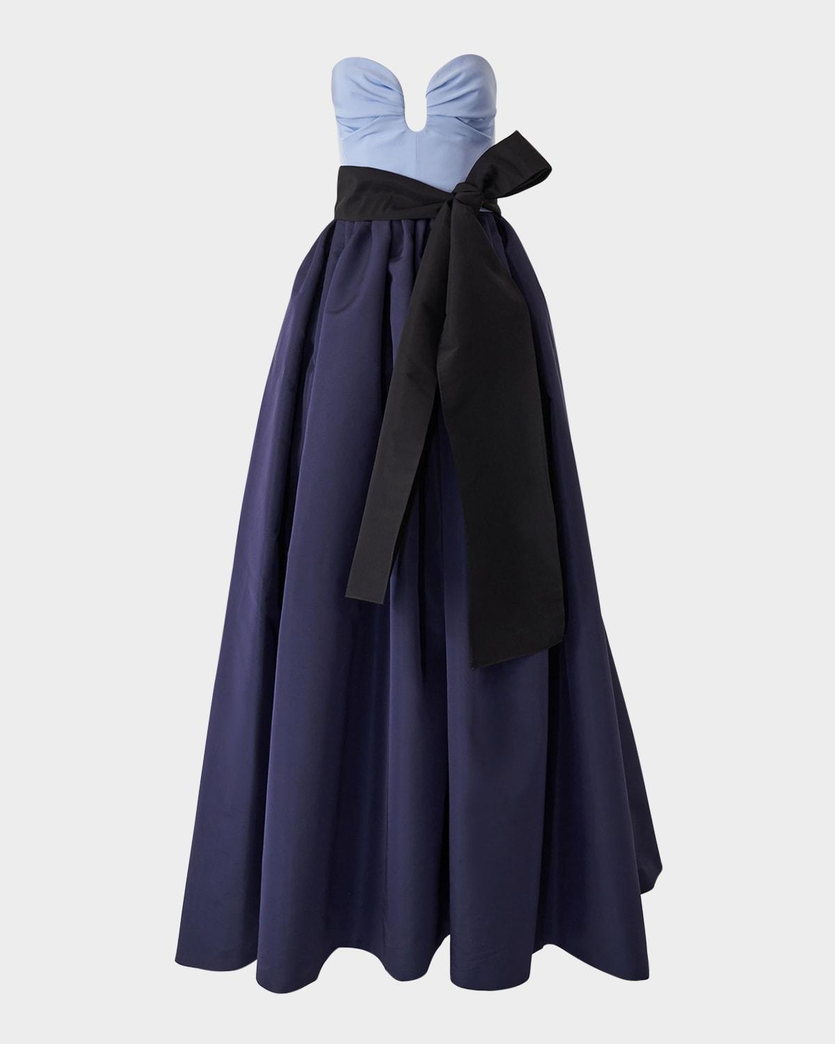 strapless colorblock bow ball gown