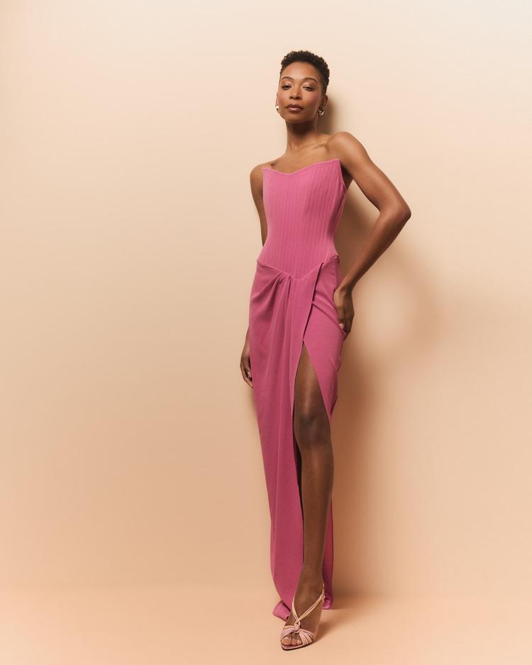 strapless corset asymmetric crepe gown