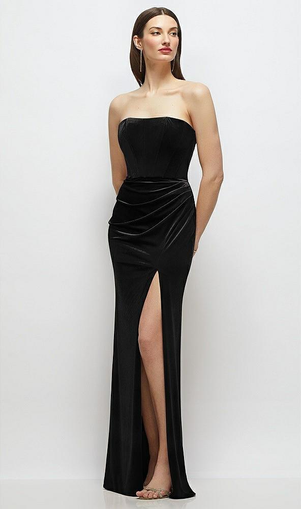 strapless corset bodice velvet column maxi dress