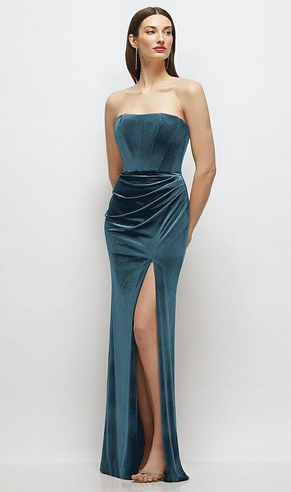 strapless corset bodice velvet column maxi dress