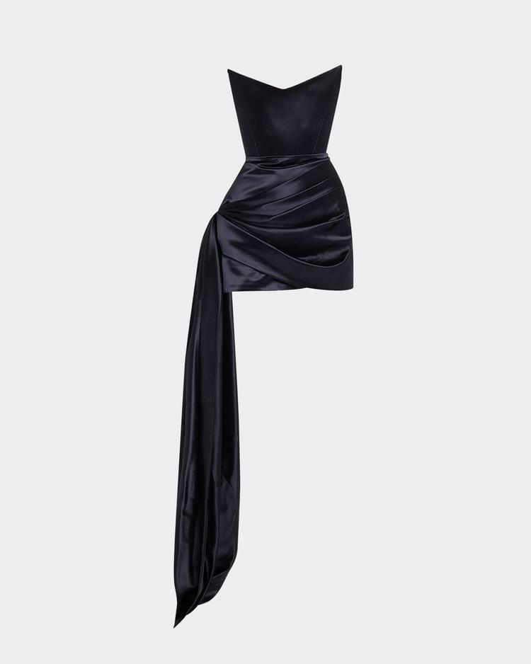 strapless corset satin mini dress with draped panel