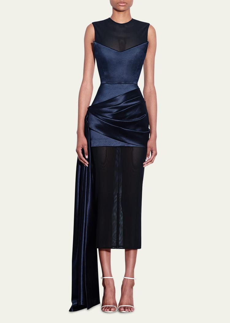 strapless corset satin mini dress with draped panel