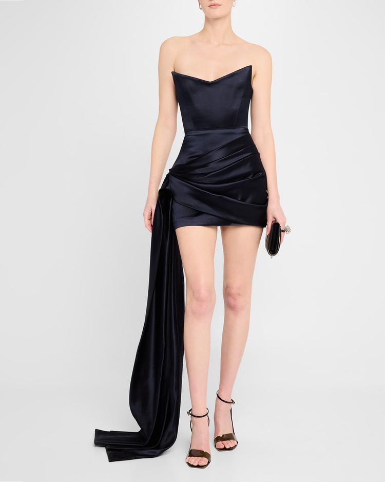strapless corset satin mini dress with draped panel