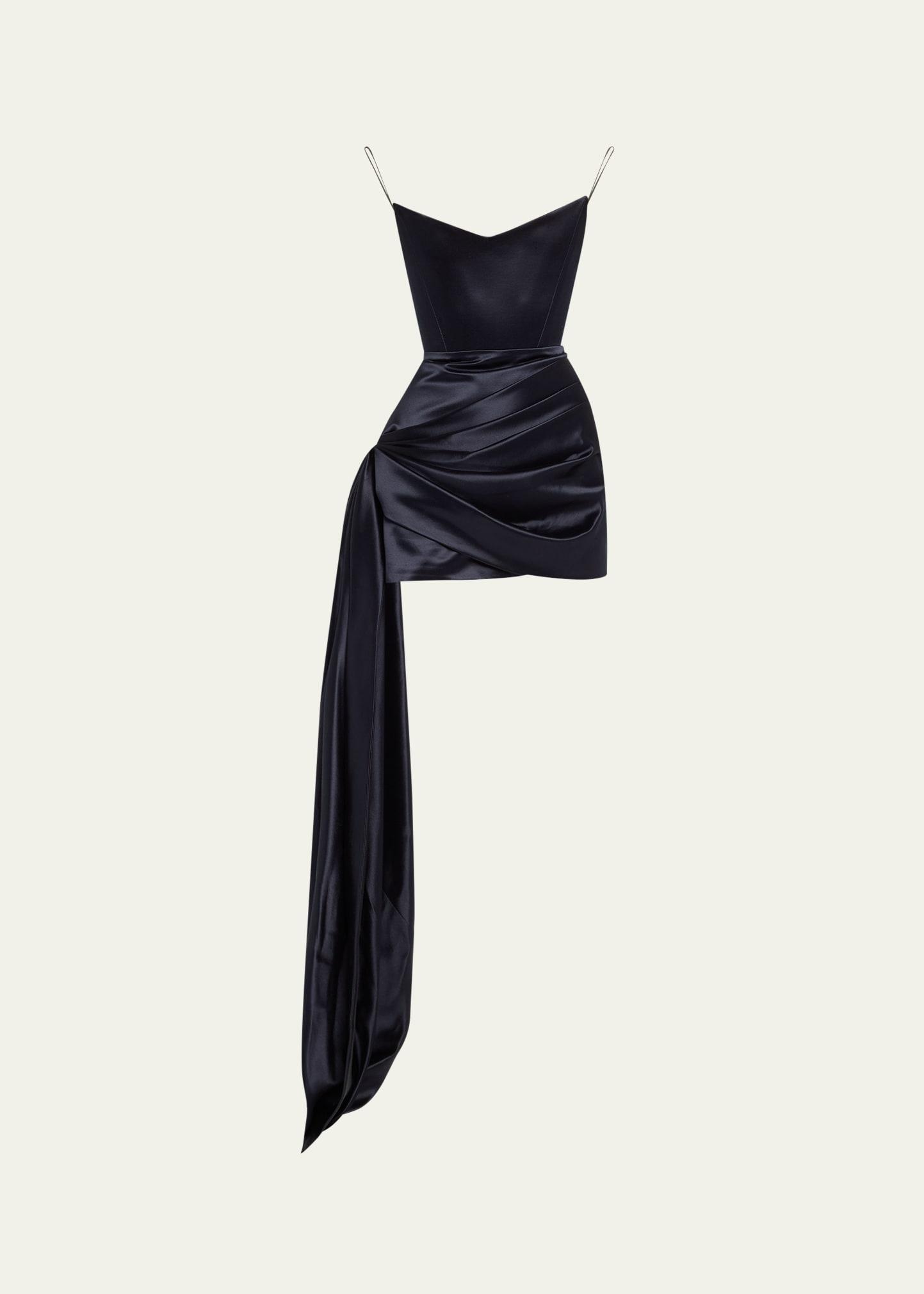 strapless corset satin mini dress with draped panel