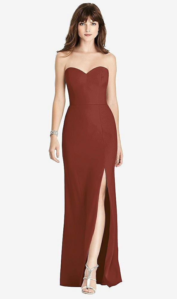 strapless crepe trumpet gown with front slit