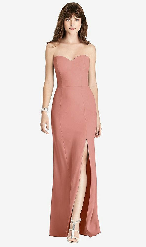 strapless crepe trumpet gown with front slit