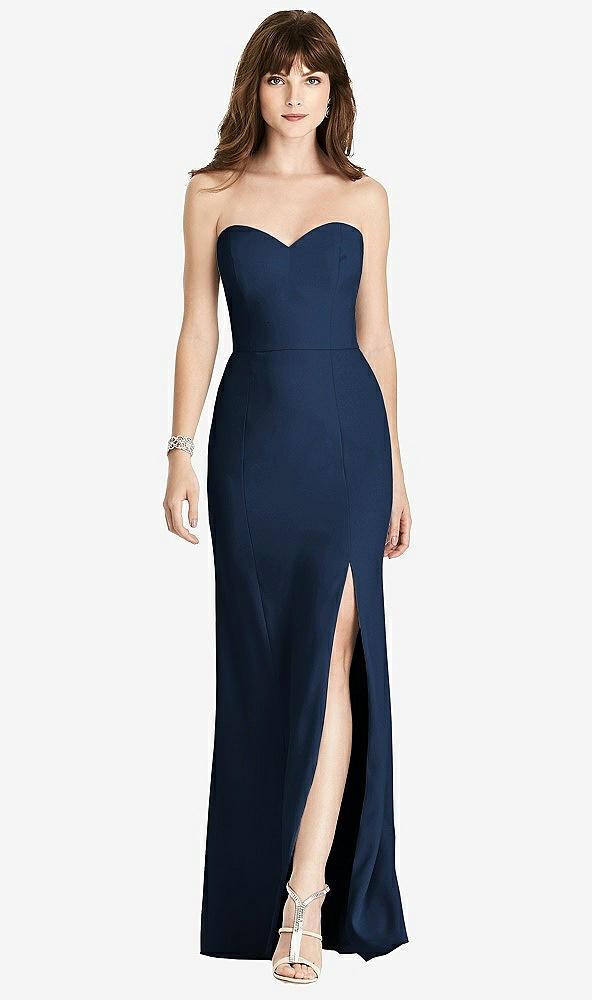 strapless crepe trumpet gown with front slit