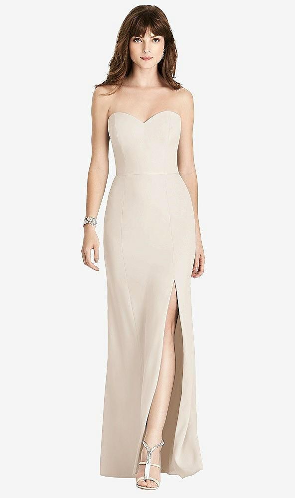 strapless crepe trumpet gown with front slit