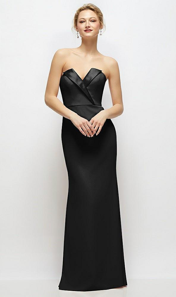 strapless crepe tuxedo gown with satin lapels and buttons
