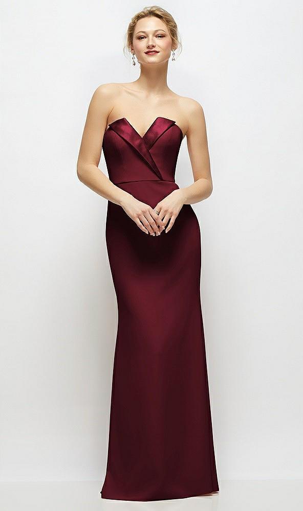 strapless crepe tuxedo gown with satin lapels and buttons
