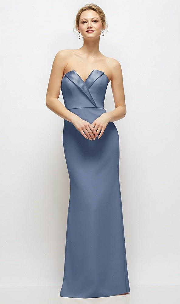 strapless crepe tuxedo gown with satin lapels and buttons