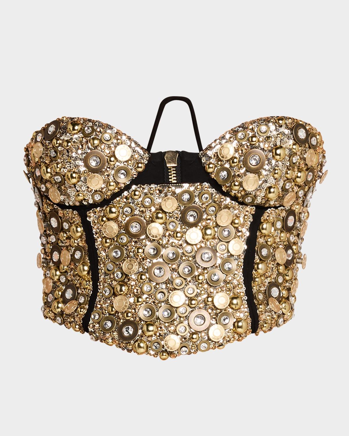 strapless crystal button embellished crop bustier