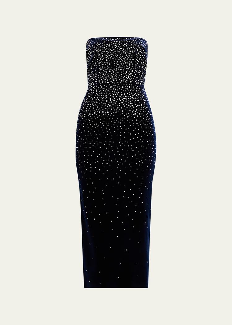 strapless crystal velvet midi dress