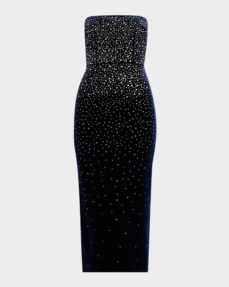 strapless crystal velvet midi dress