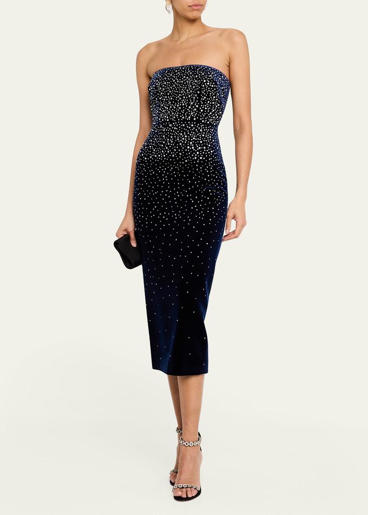 strapless crystal velvet midi dress