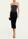 strapless crystal velvet midi dress