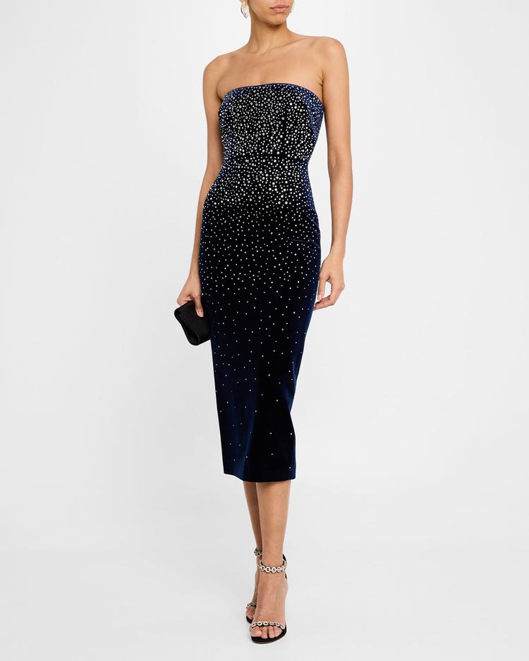 strapless crystal velvet midi dress
