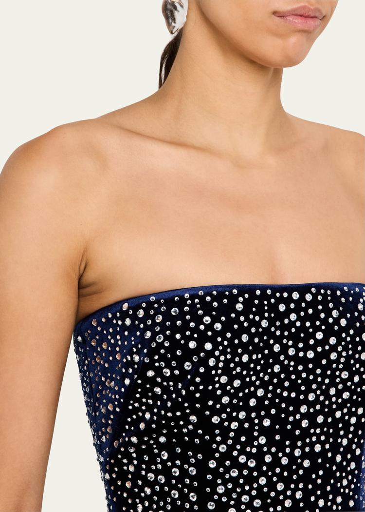 strapless crystal velvet midi dress