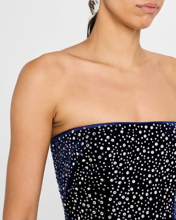 strapless crystal velvet midi dress