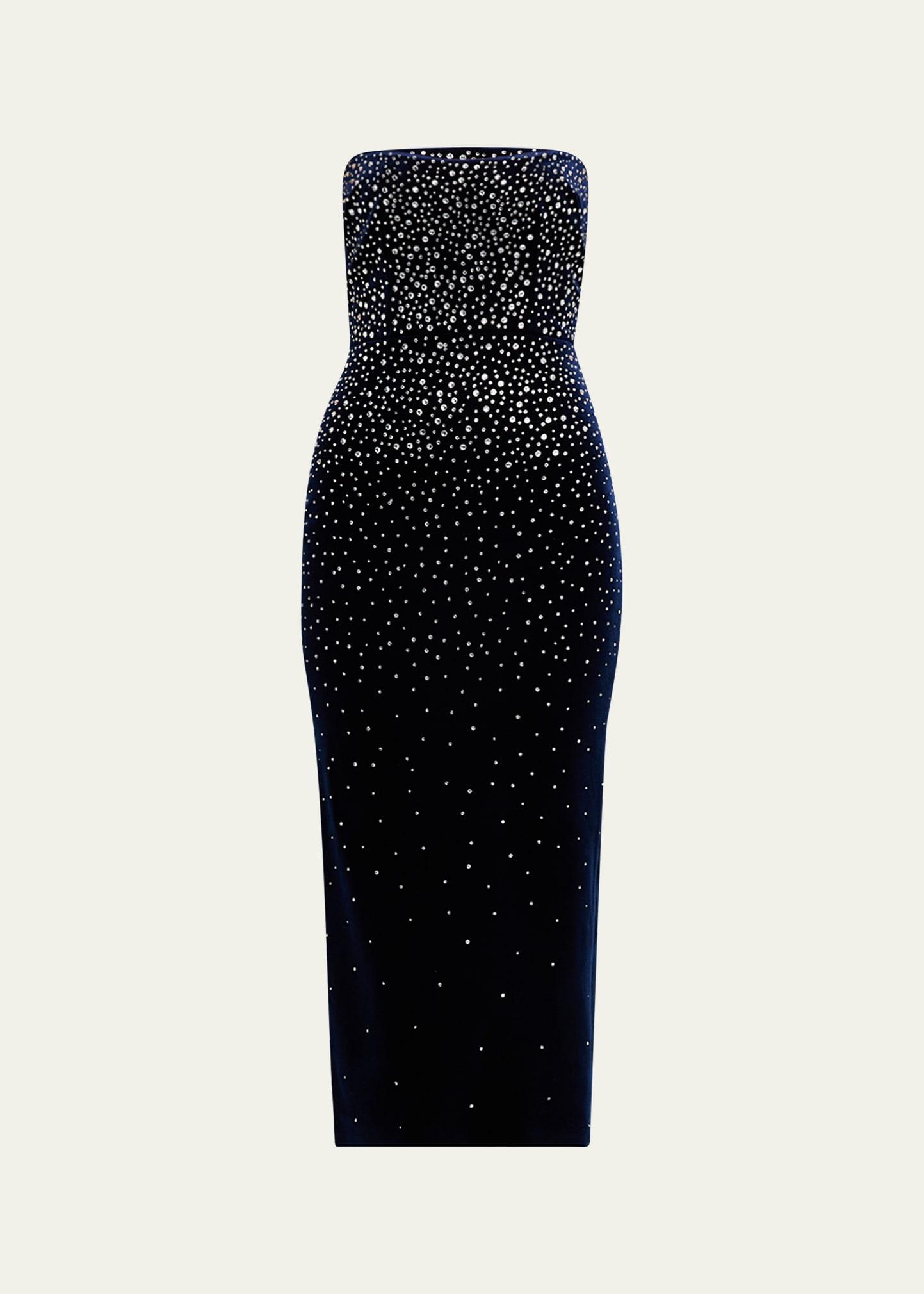 strapless crystal velvet midi dress