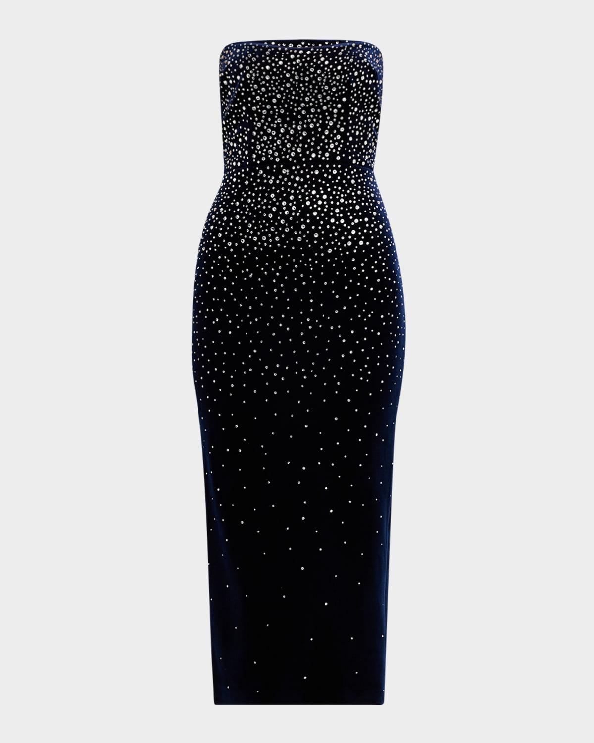 strapless crystal velvet midi dress