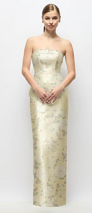 strapless cuff floral satin maxi dress with column skirt & back bow